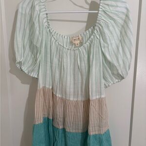Blu Pepper Perch Striped Tiered Peasant shurt in Mint, Beige & Teal